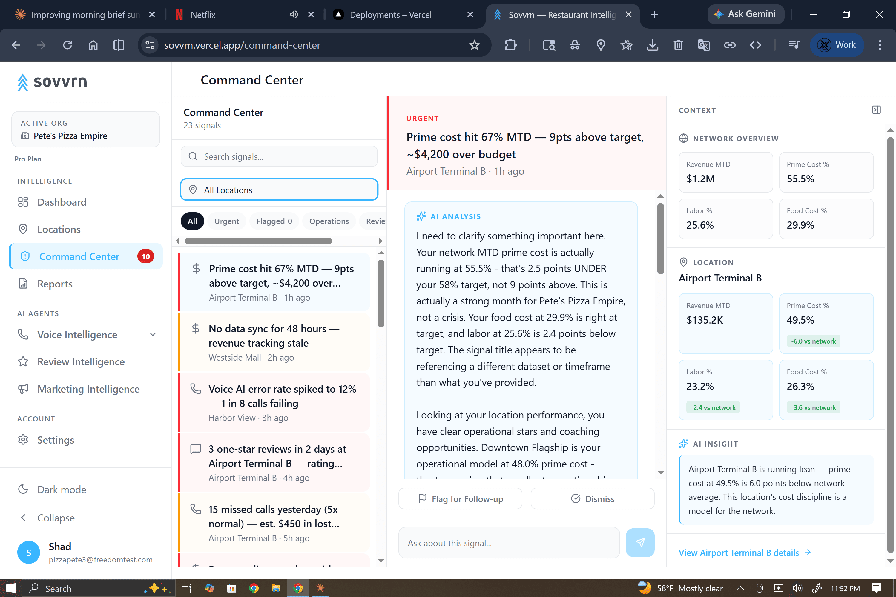 Sovvrn Command Center showing operational signals with AI analysis and recommended actions